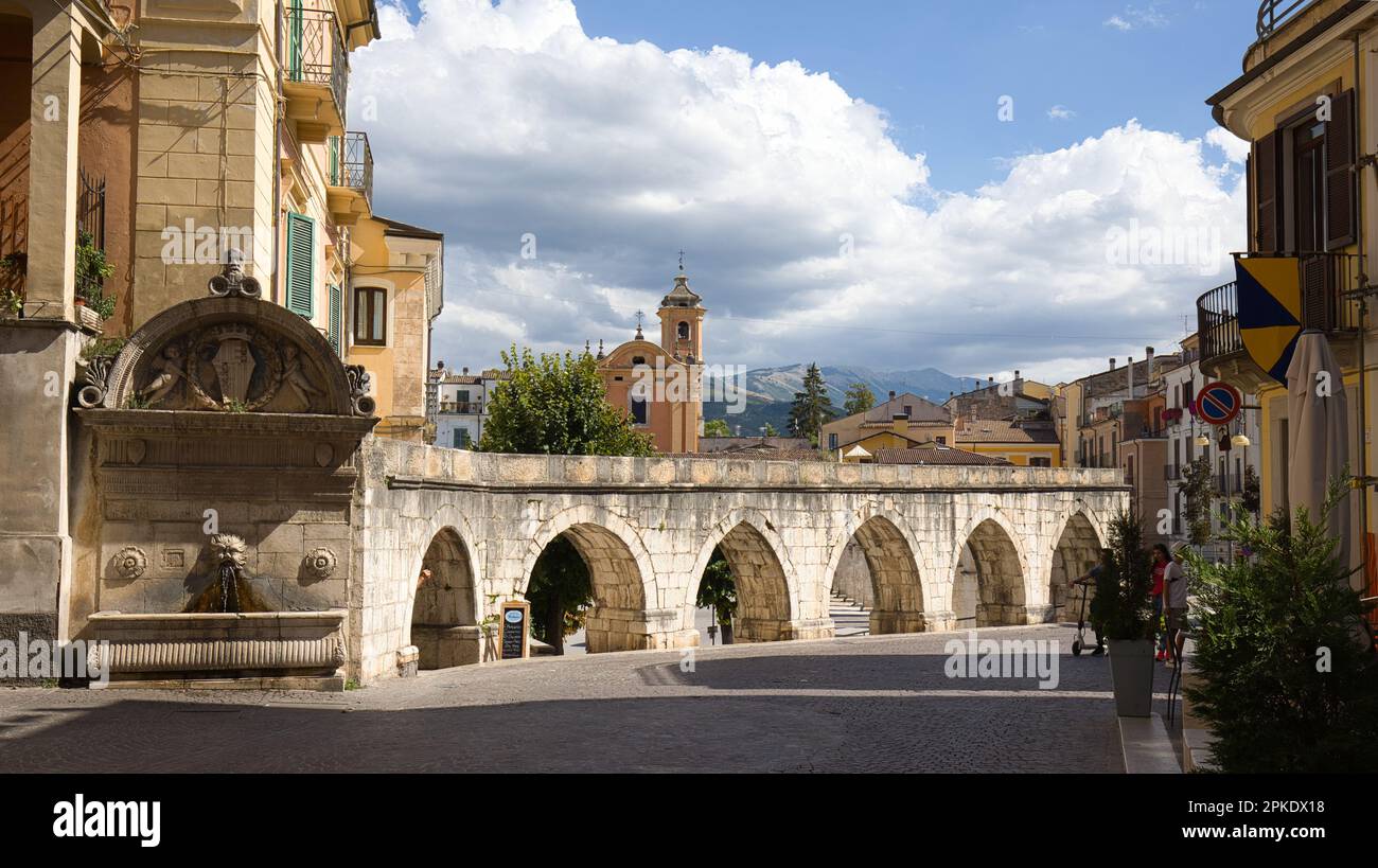 Sulmona, L`Aquila, Italy - 25 August 2022: A medieval aquaduct (Acquedotto Medievale) crosses through the town center. Stock Photo